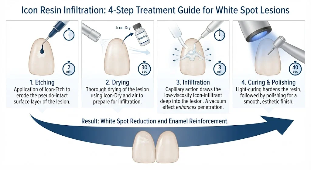 4-step Icon resin infiltration procedure — etch, dry, infiltrate resin, light cure — showing white spot reduction