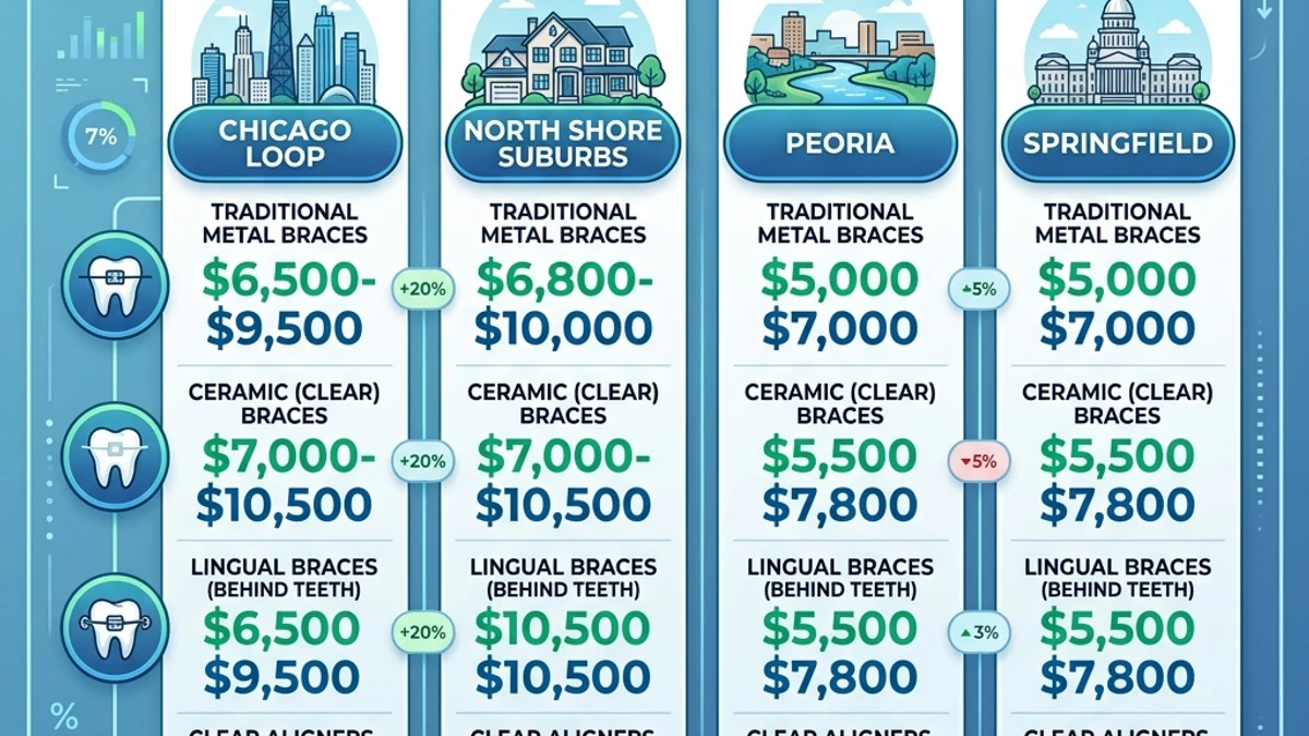 Illinois regional braces cost comparison chart across Chicago, suburbs, and Central Illinois