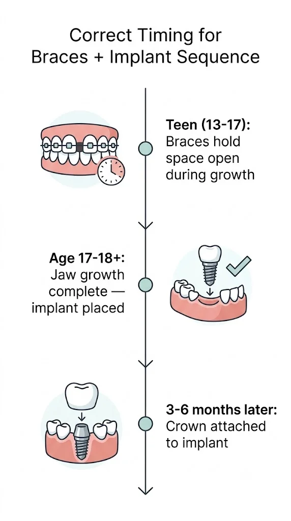 Timeline showing correct sequence of orthodontic preparation followed by implant placement and crown attachment