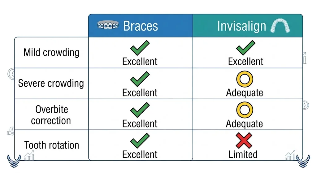 Effectiveness matrix comparing Invisalign vs braces for mild crowding, severe crowding, overbite correction, and tooth rotation