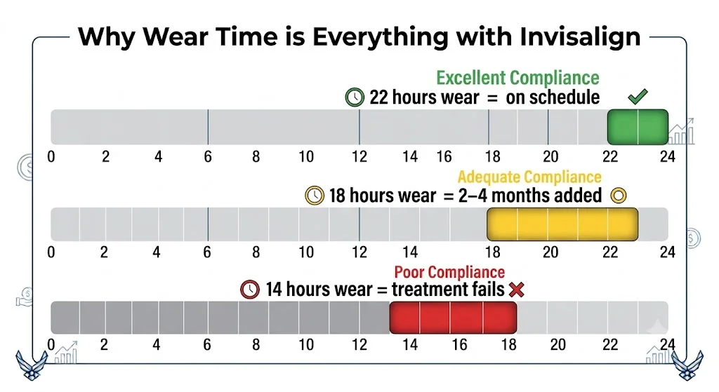 Invisalign wear compliance chart — 22 hours on schedule, 18 hours adds 2-4 months, 14 hours means treatment fails