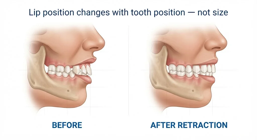 Side profile comparison showing lip position change after front tooth retraction with braces