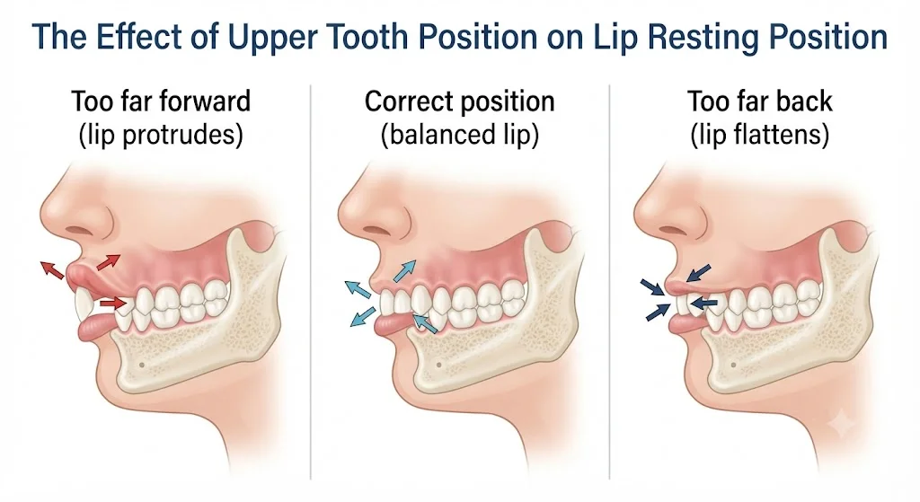 Diagram showing three scenarios of tooth position and how each affects lip resting position