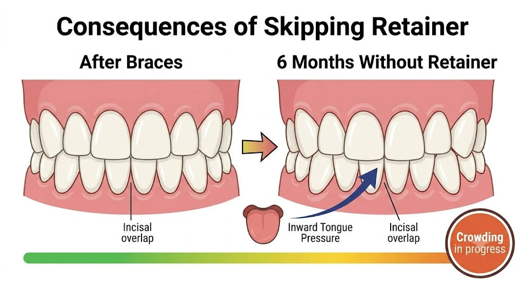 Dental diagram showing lower front teeth shifting inward from tongue pressure after retainer wear stops