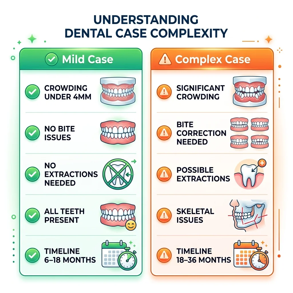 Side-by-side comparison of mild vs complex orthodontic case criteria and timelines