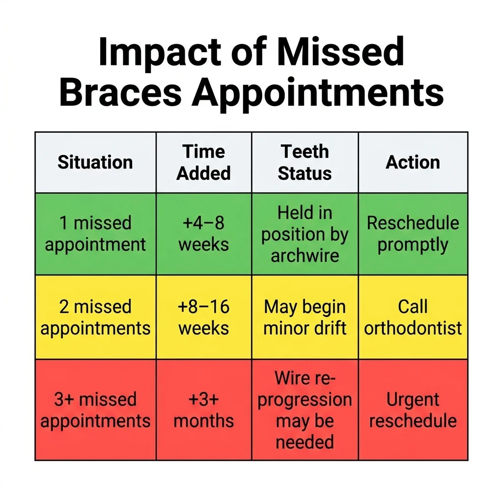 Color-coded table showing impact of 1, 2, and 3+ missed braces appointments on treatment time