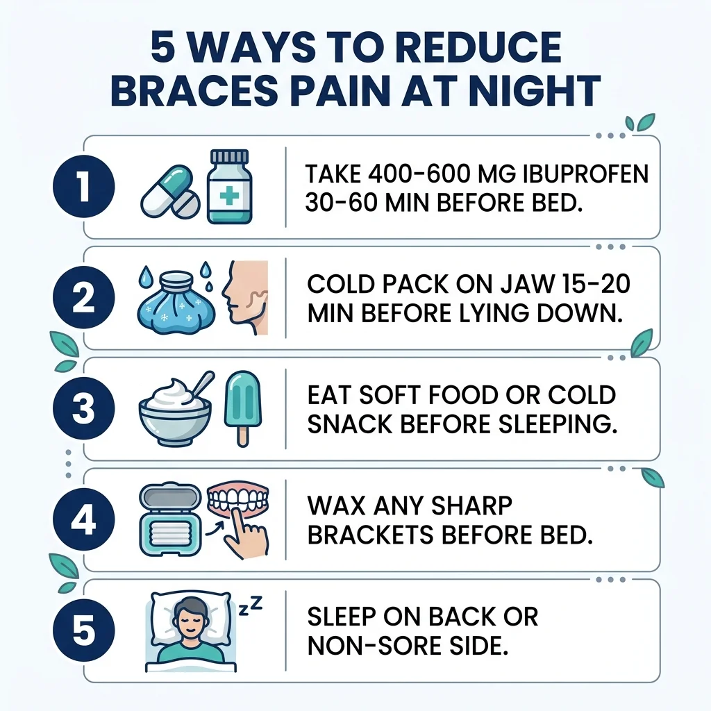 5 ways to reduce braces pain at night: ibuprofen, cold pack, soft food, wax, sleep position