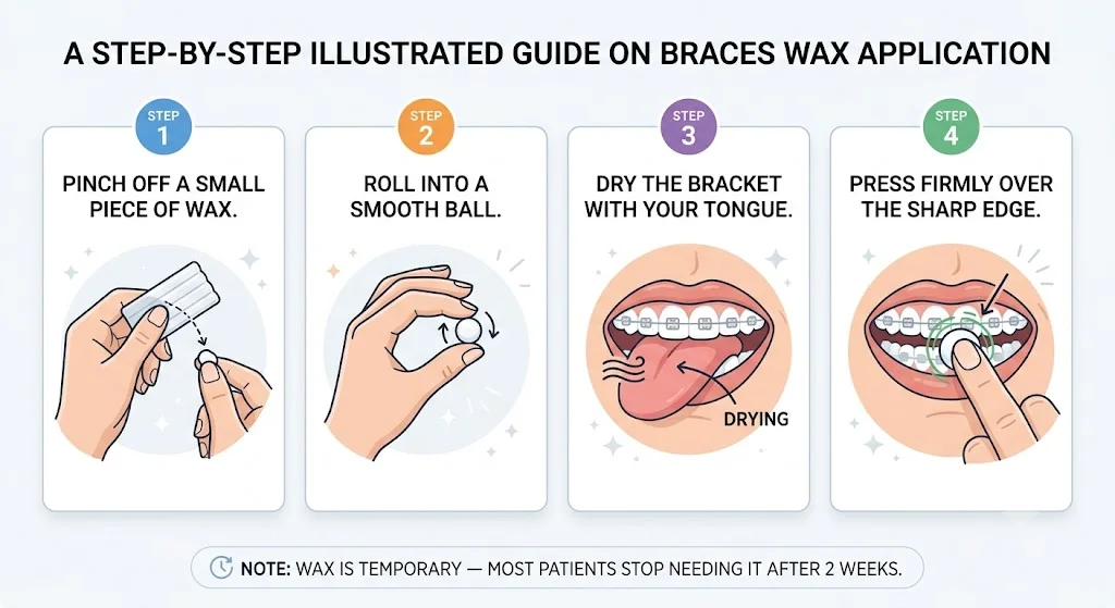 4-step guide to applying orthodontic wax to braces bracket — pinch, roll, dry, press
