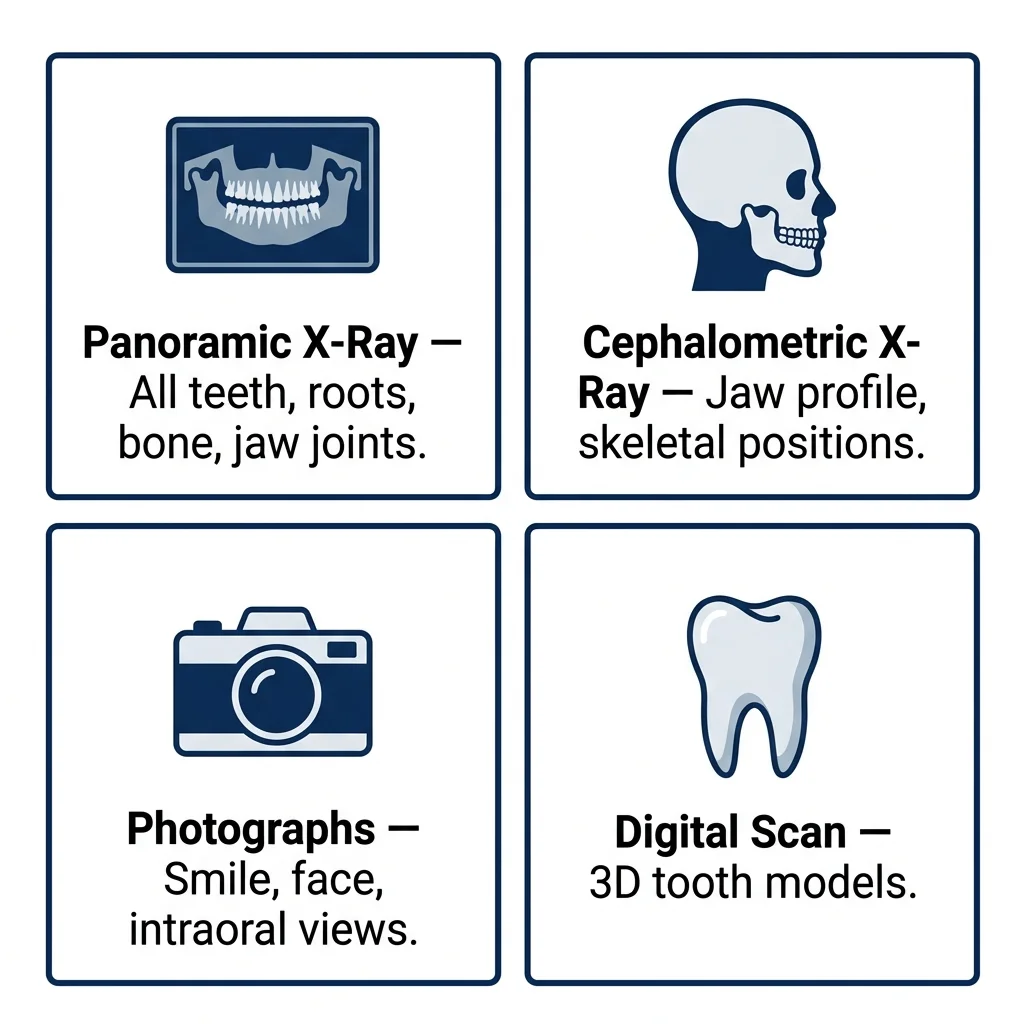 Four types of diagnostic records taken at the first orthodontist appointment