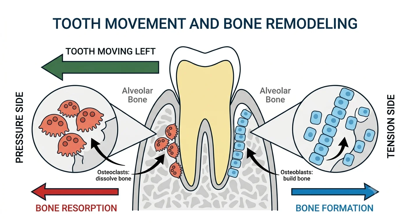 Diagram showing osteoclasts dissolving bone on the pressure side and osteoblasts building bone on the tension side