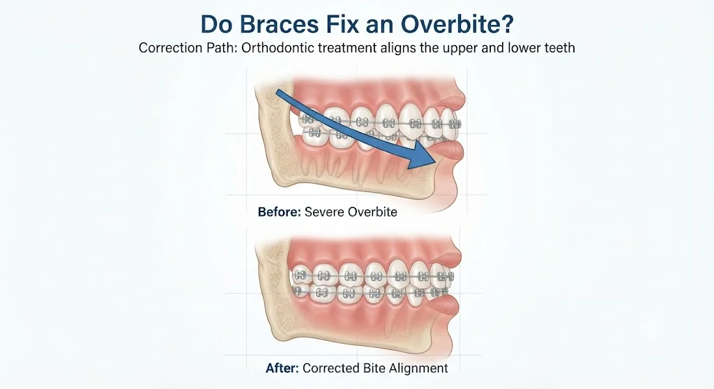 Clinical illustration showing overbite correction with braces — before and after