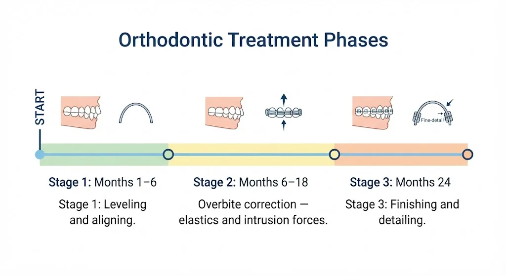 Timeline infographic showing the three stages of overbite correction with braces
