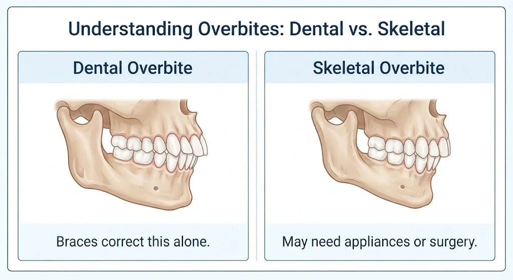 Side-by-side comparison of dental overbite versus skeletal overbite