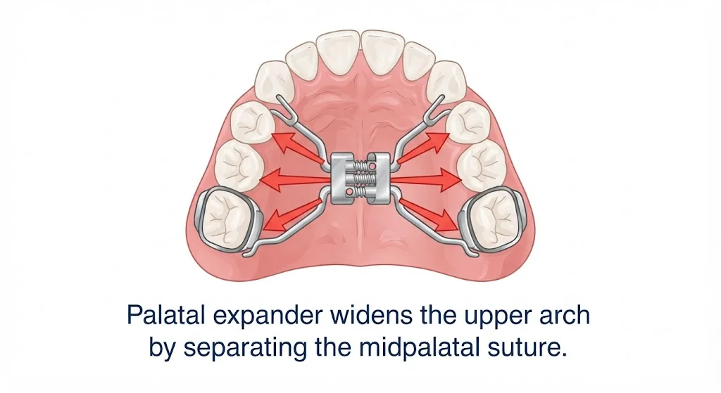 Diagram showing how a palatal expander widens the upper jaw by separating the midpalatal suture