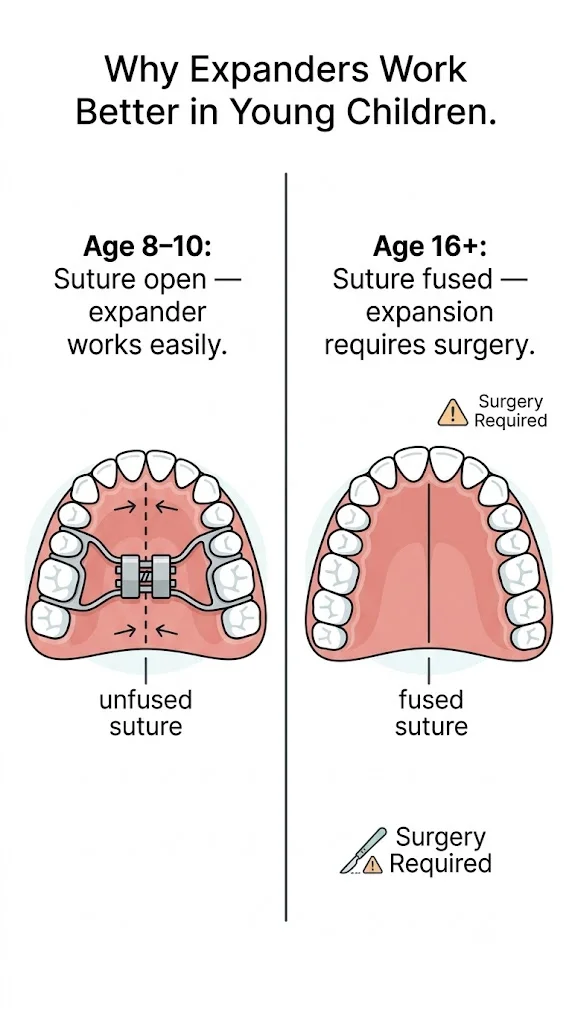 Diagram showing midpalatal suture open at age 8-10 vs fused at age 16+ — why expanders work better in young children