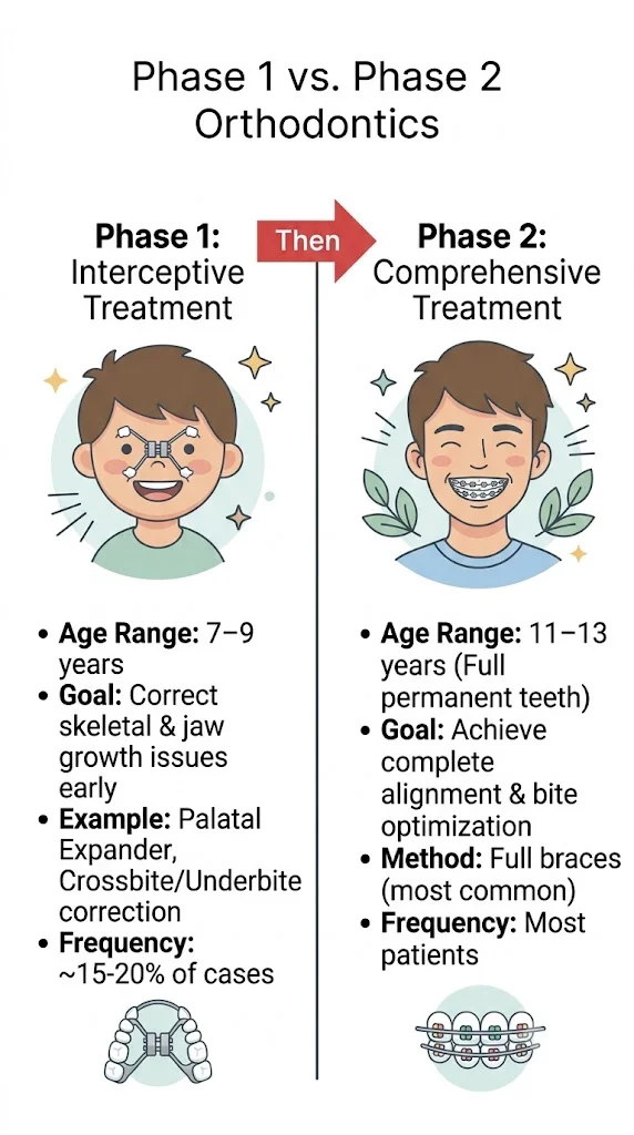 Phase 1 vs Phase 2 braces comparison — younger child with palatal expander vs teen with full braces