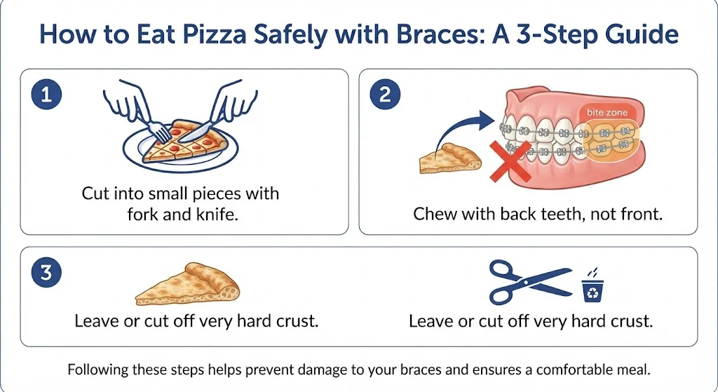 3-step illustrated guide to eating pizza safely with braces
