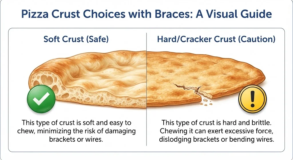 Side-by-side comparison of soft safe pizza crust versus hard risky pizza crust for braces