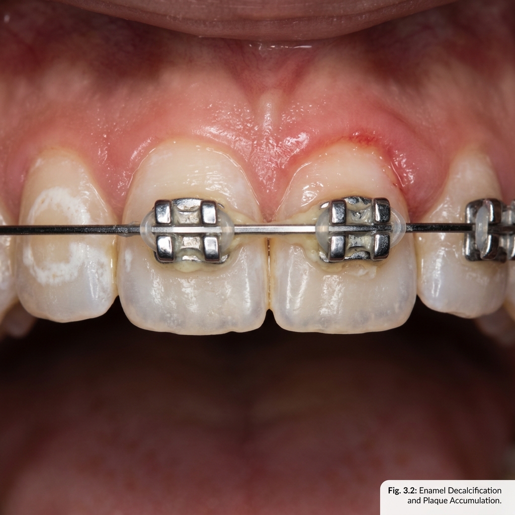 Plaque buildup around braces brackets and white spot lesions on enamel