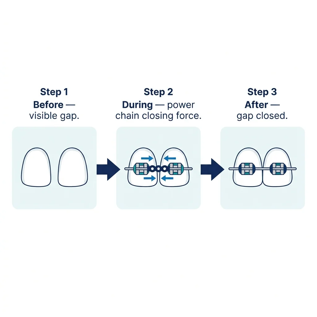 Three-step illustration: before gap, during power chain closure, after gap closed