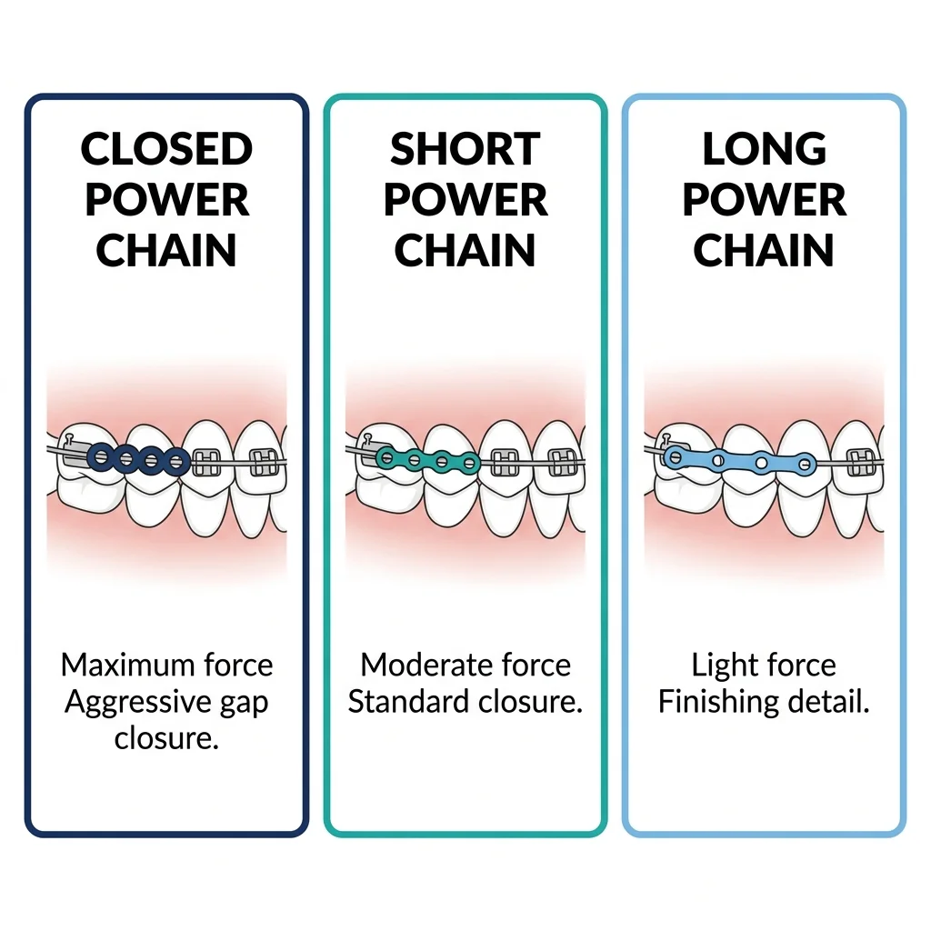 Three types of power chains: closed (maximum force), short (moderate force), long (light force)