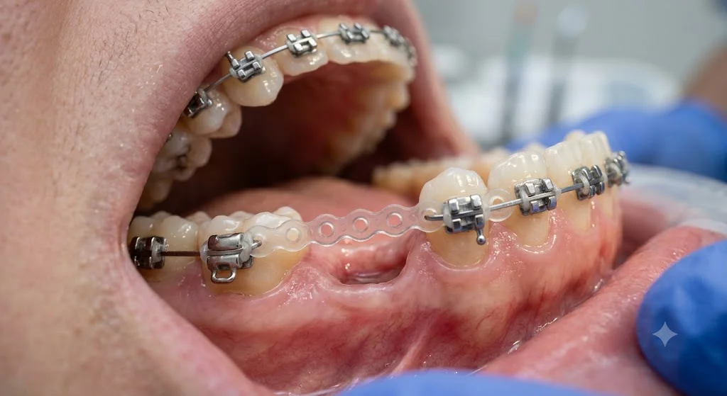Power chain elastic linking brackets across an extraction gap during space closure