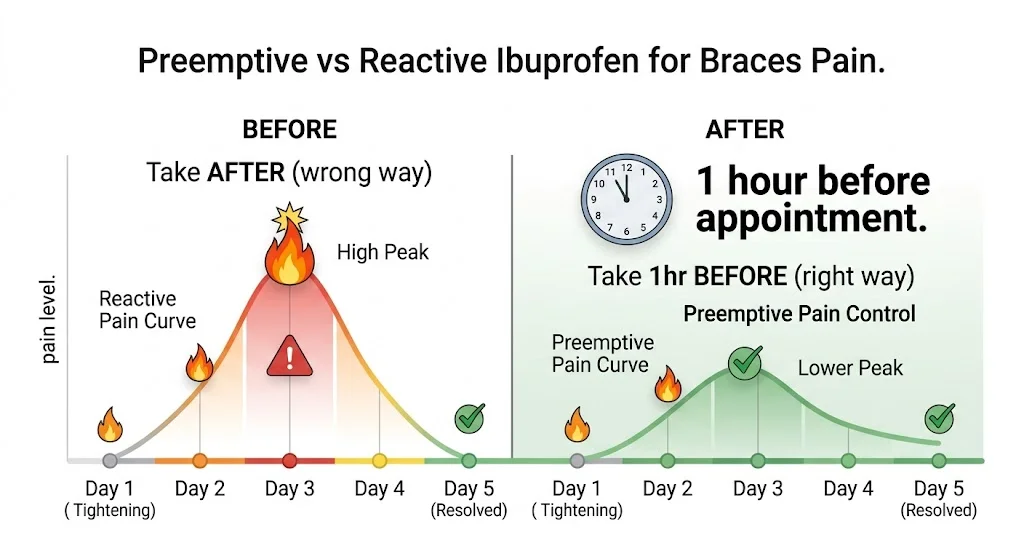 Preemptive vs reactive ibuprofen for braces pain — taking it 1 hour before appointment reduces peak pain significantly more