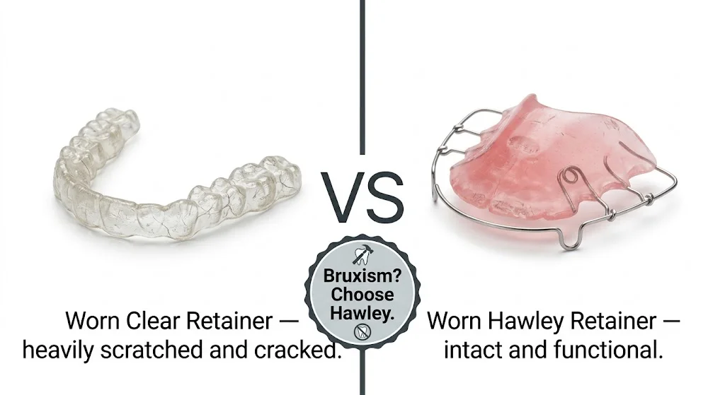 Worn clear retainer vs intact Hawley retainer after same period of bruxism — showing why Hawley is better for grinders