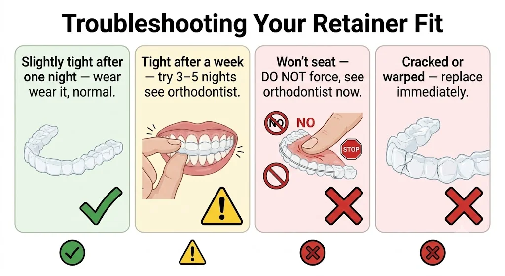 Retainer fit check guide — four scenarios from slightly tight to cracked with recommended actions