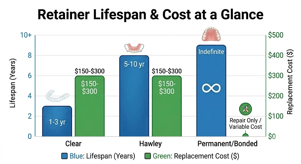 Retainer lifespan and replacement cost chart — clear 1-3 years, Hawley 5-10 years, permanent indefinite