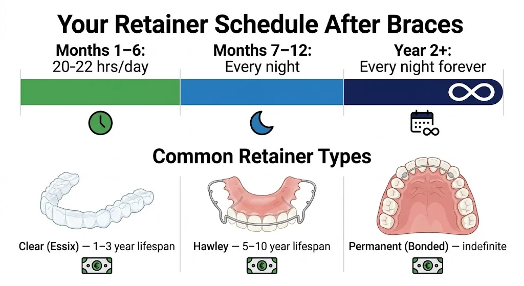 Three retainer types side by side — clear Essix, Hawley wire-and-acrylic, and permanent bonded retainer with lifespan and cost comparison