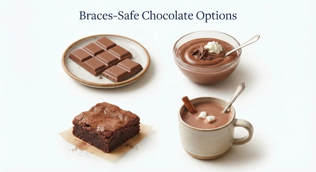 Braces-safe chocolate options: plain chocolate bar, chocolate pudding, brownie, hot chocolate