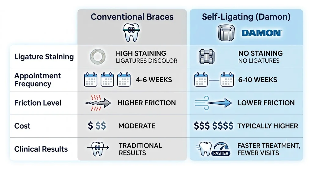 Side-by-side comparison of conventional braces with elastic ligature vs self-ligating bracket with built-in clip