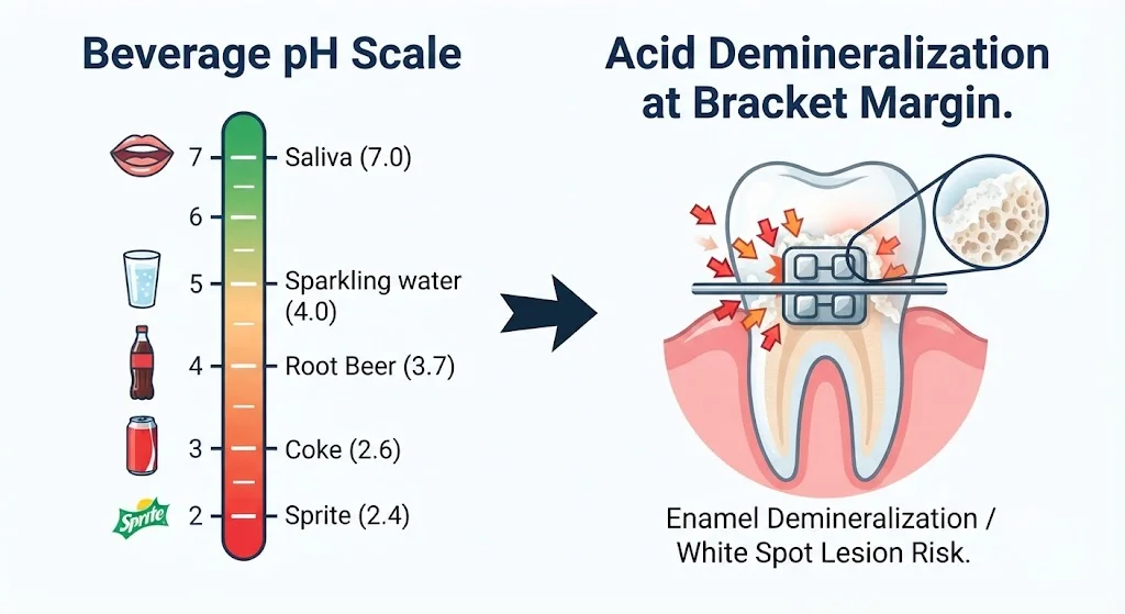 pH scale showing soda acidity levels and tooth cross-section showing enamel demineralization at bracket margin