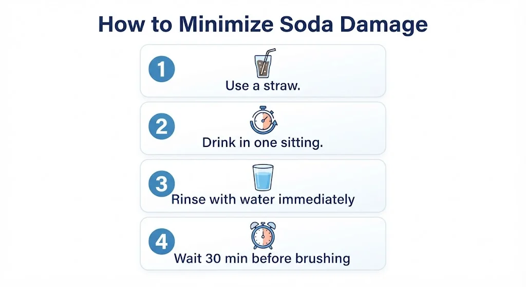 4-step infographic showing how to minimize soda damage with braces: straw, one sitting, rinse, wait 30 min