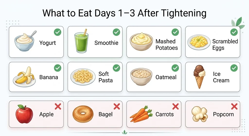 Soft foods to eat after braces tightening — yogurt, smoothie, mashed potatoes, scrambled eggs, banana, pasta, oatmeal, ice cream