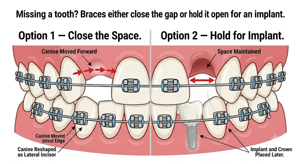 Two-panel diagram showing space closure vs space maintenance for missing tooth treatment options