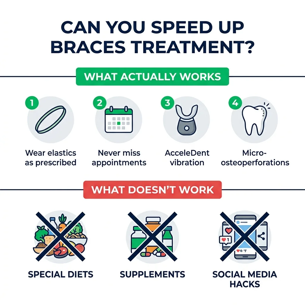 Infographic showing what actually speeds up braces treatment and what does not work