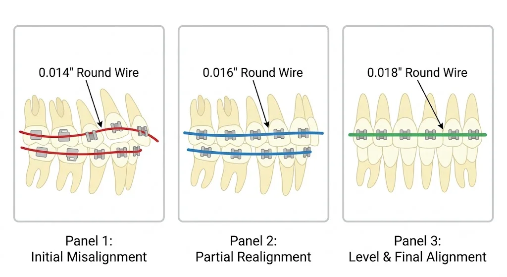 Three-panel diagram showing round NiTi archwire progression from 0.014 to 0.018 as teeth align