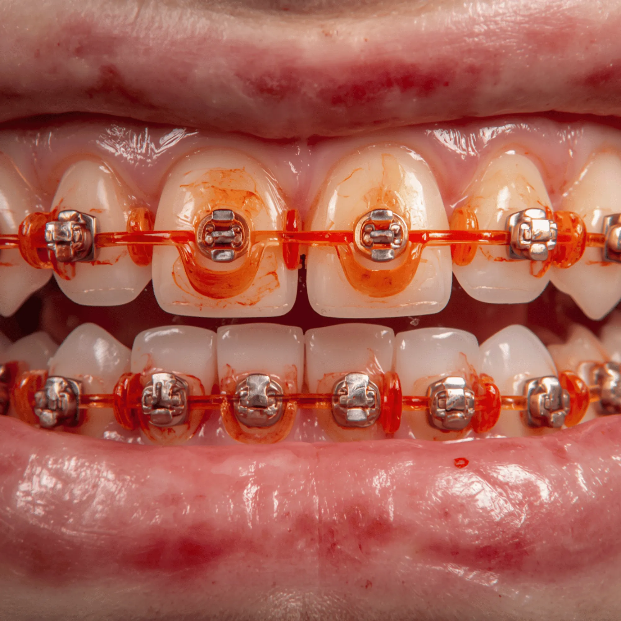 Stained orange braces ligatures from eating Hot Cheetos