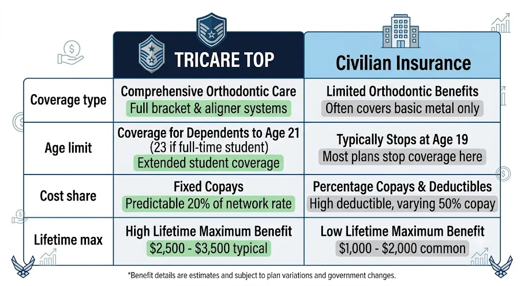 Side-by-side comparison of TRICARE TOP orthodontic benefits versus typical civilian dental insurance