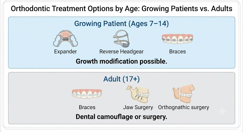 Comparison of underbite treatment approaches for children versus adults