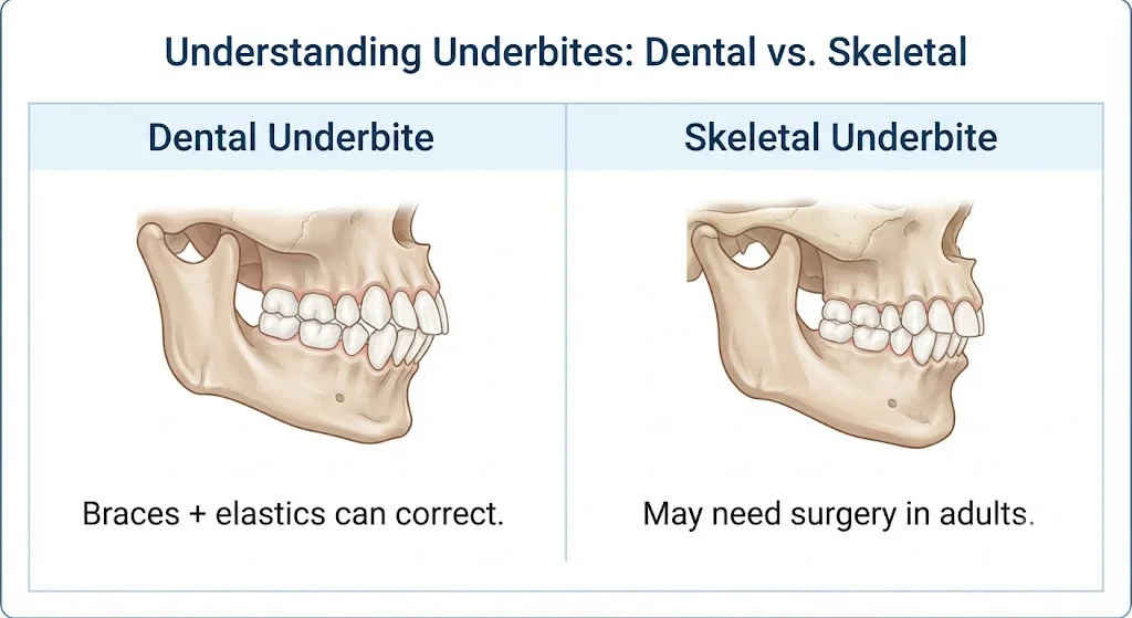 Comparison of dental underbite versus skeletal underbite