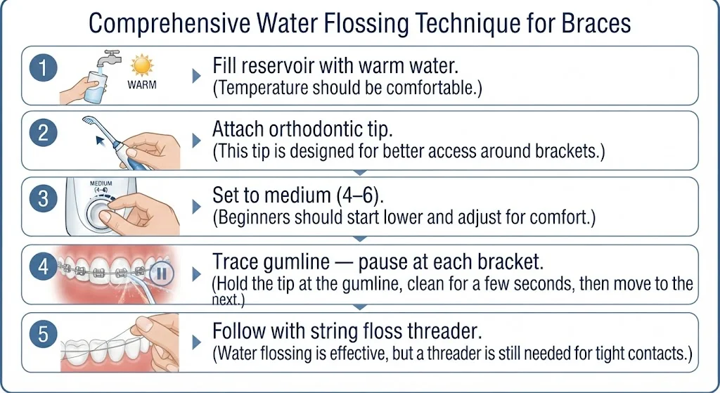 5-step water flosser technique for braces — fill, attach orthodontic tip, set medium pressure, trace gumline, follow with string floss
