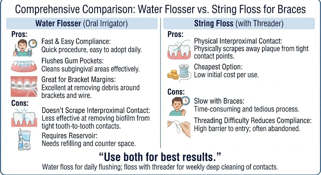Water flosser vs string floss comparison for braces — pros and cons of each with recommendation to use both