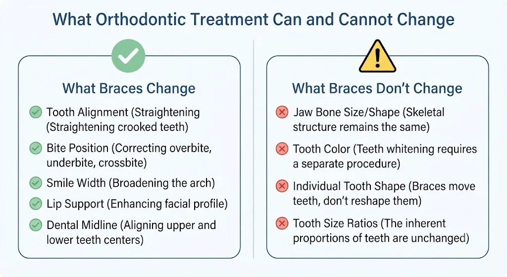 Infographic comparing what braces change versus what they cannot change