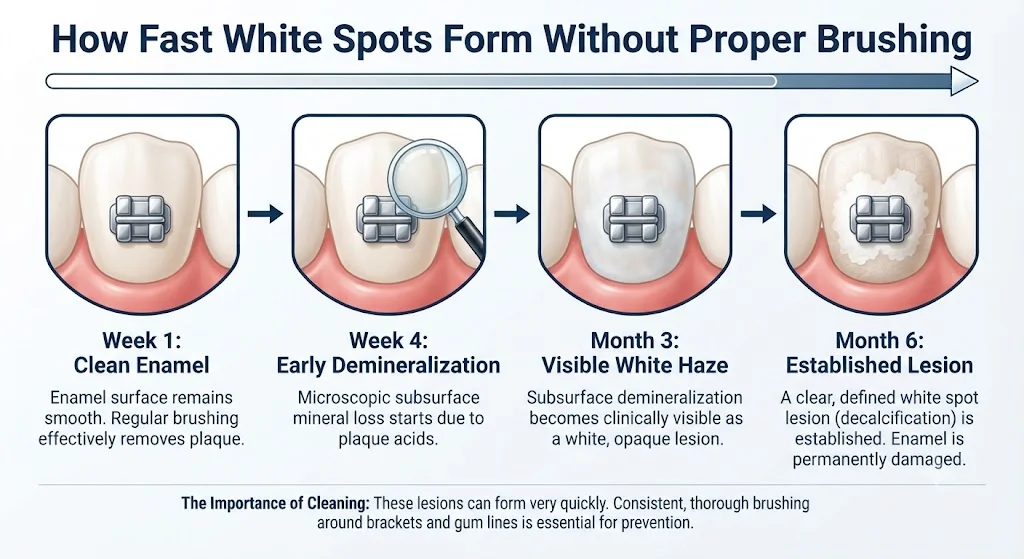 White spot lesion progression timeline — Week 1 clean, Week 4 early demineralization, Month 3 visible haze, Month 6 established white spot