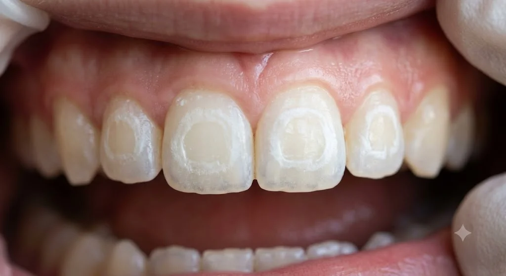 White spot lesions visible on teeth after braces removal