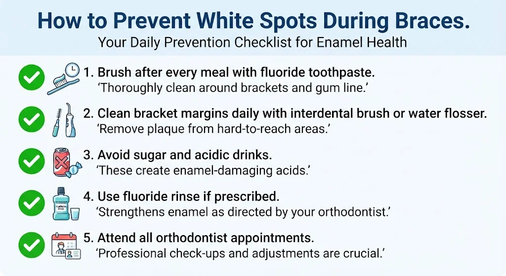 White spot prevention checklist for braces — brush after every meal, clean bracket margins, avoid sugar and acid, use fluoride rinse, attend all appointments