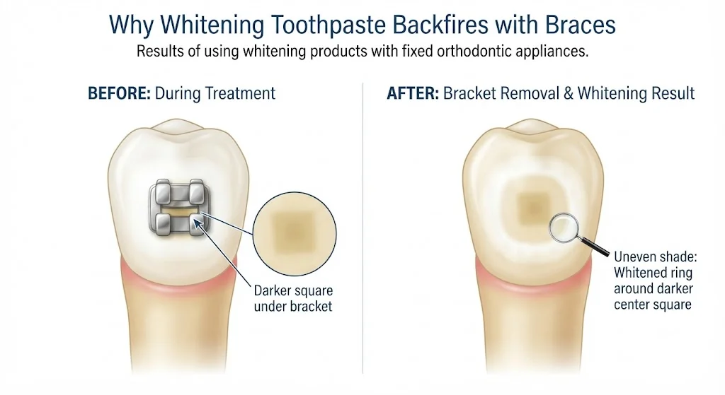 Why whitening toothpaste backfires with braces — whitened ring around darker bracket area after removal